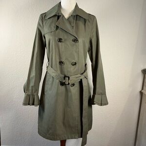 NEW Women's TAHARI Stella Double-Breasted Trench Coat with Ruffled Cuffs- Olive